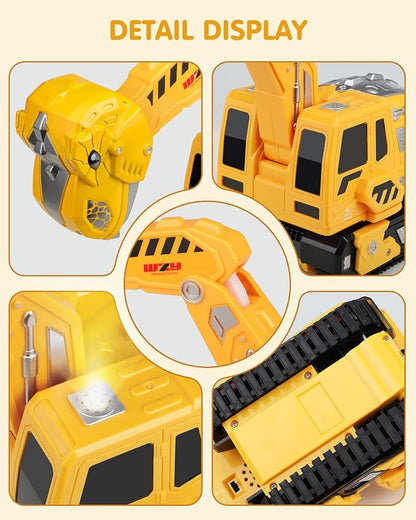 Remote Control Excavator Toys for Boys 4-7, Construction Trucks 2.4GHz RC Excavator with Light and Sound, Dinosaur Toys for Kids 3-5, Christmas Birthday Gifts for Kids (Yellow)