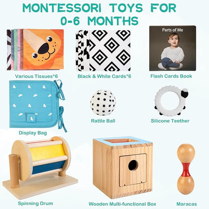 WOODMAM Montessori Toys for Babies 0-6 Months, 9 in 1 Learning Educational Baby Gifts for Newborn 0-3-6 Months, Includes High Contrast Cards, Baby Tissue Box Toy, Spinning Drum, Teether and More