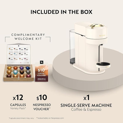 Nespresso Vertuo Next Coffee and Espresso Maker by De'Longhi, Creamy White and Gold | Creamy white and gold coffee machine with slim, sustainable design. Brews 6 cup sizes, espresso to 18 oz., topped with crema.