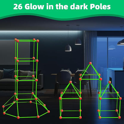 Awsoo Fort Building Kit for Kids 3 4 5 6 7 Glow in The Dark STEM Building Toys Indoor Outdoor Play Tent for Kids Construction Toys with 52 Poles and 24 Connecting Ball