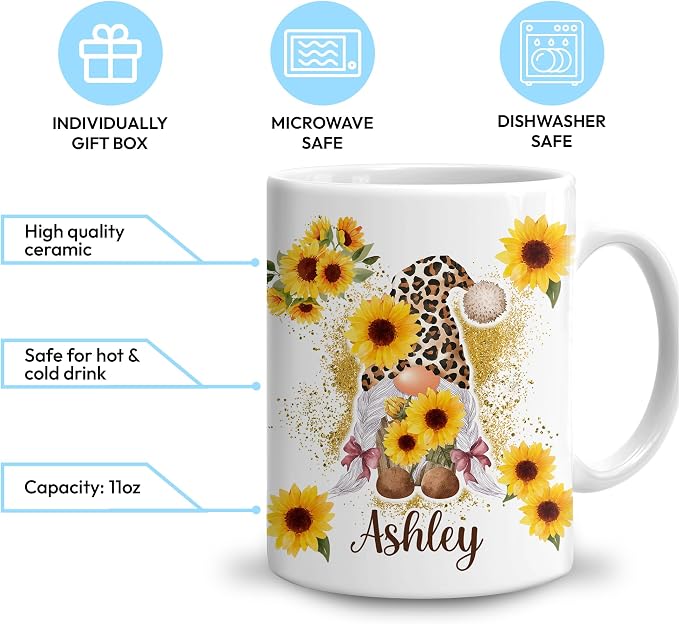 Hyturtle Personalized Gnome Mug Gifts For Gnome Lover, Thank You Gift Ideas | Cool Birthday Gifts For Women - Motivational Sunflower Custom Name 11oz White Ceramic Coffee Tea Mug, Comfort grip handle