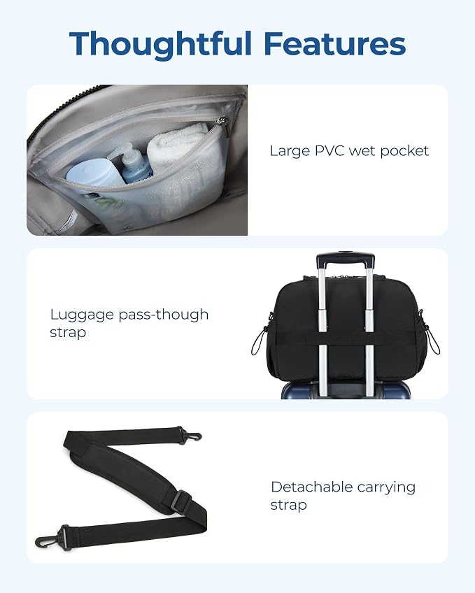 BAGSMART Duffle Bag for Travel, Gym Bag for Women, Weekender Carry on Bag | PVC Wet Pocket, Airline Approved Personal Carry-on Size, Fits Under-seat, One Bag for Gym, Travel, Hospital, Overnight