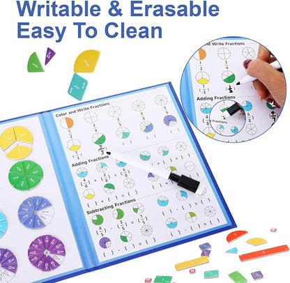 Magnetic Fraction Playbook & Fraction Manipulatives Set, Montessori Magnetic Fraction Book for Kids Grades K-3, Math Manipulatives with Fraction Tiles and Circles, Educational Fraction Games & Puzzle