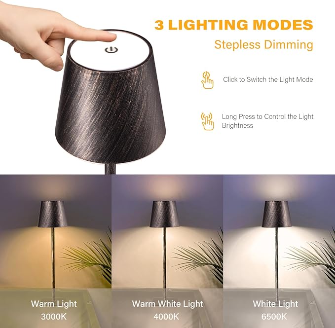 2 Pack Cordless Table Lamps, 3 Colors Stepless Dimming, 5000mAh Rechargeable Battery LED Desk Lamp for Bedroom/Couple Dinner/Desk/Cafe/Dining Room/Terrace(Antique Copper)