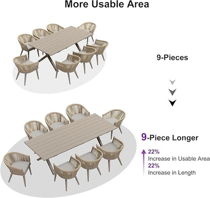 PURPLE LEAF 9 Piece Longer Outdoor Dining Set with Patio Aluminium Dining Table and Wicker Chairs Modern Furniture Cushions Sets for Backyard Indoor Decor Kitchen Champagne