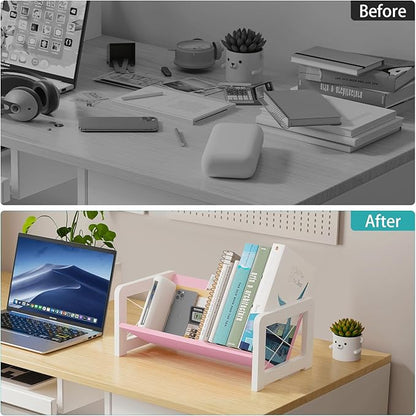 ELITEROO Tabletop Bookshelf, Simple Wood Book Organizer for Desk, Tilted Table Bookcase, Small Desktop Book Rack for Cookbook Display, Kids Reading, Office Storage, Pink