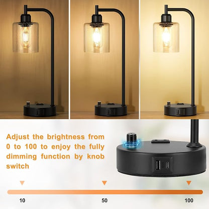 Industrial Bedside Lamps Set of 2, Fully Dimmable Desk Lamps for Bedroom | Glass Shade, USB C+A Charging Port & Outlet, Black Nightstand Table Lamps for Living Room, Office, Reading, Vintage