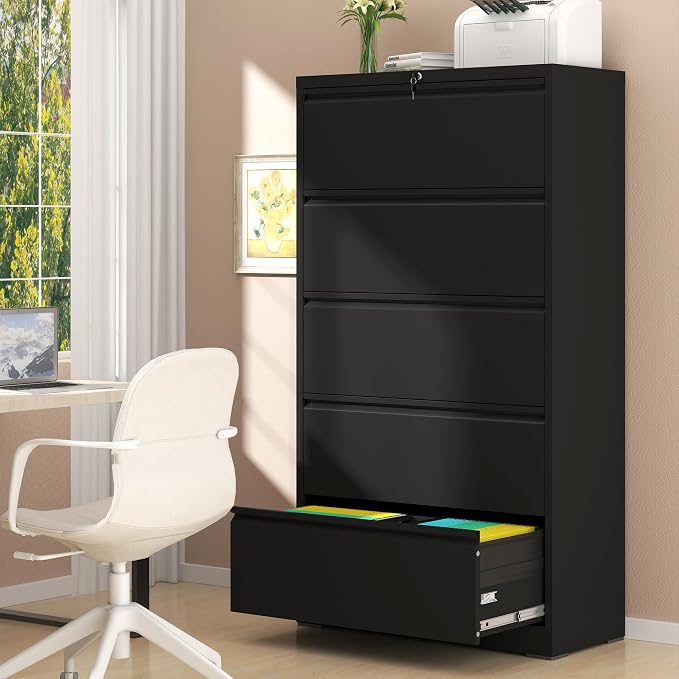 AQY 5 Drawer File Cabinet with Lock,Metal Lateral File Cabinets for Home Office,Steel Wide Filing Organization Storage Cabinets for Hanging Files Letter/Legal/F4/A4 Size,Assembly Required(Black)