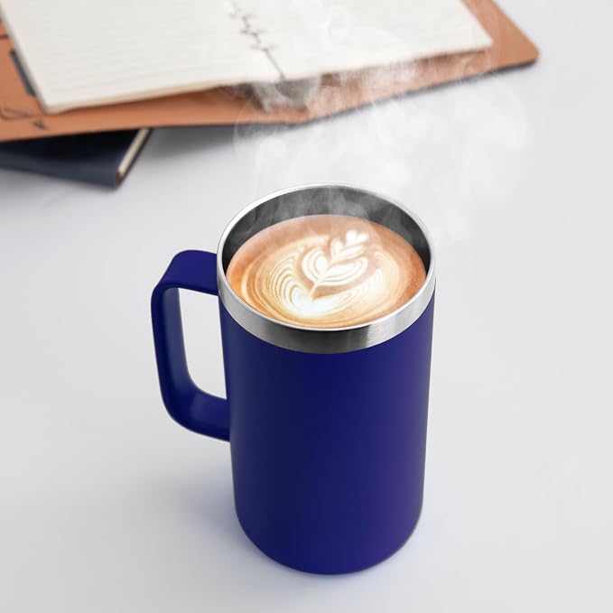 DOMICARE 24oz Mug with Handle and Lid, Stainless Steel Coffee Mug, Travel Mug with Handle, Double Wall Vacuum Coffee Tumbler, Reusable Insulated Cup, Dark Blue, Pack 4