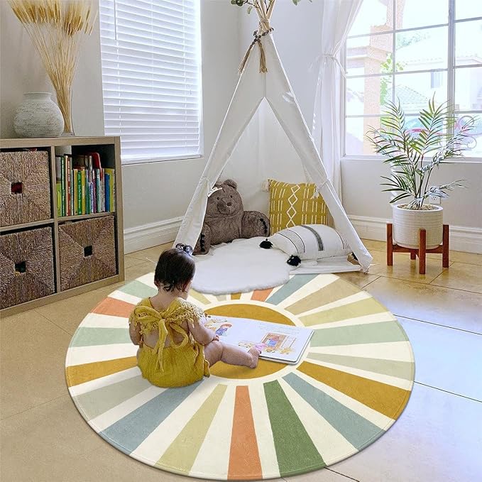 Boho Washable Rug 5 Ft Round Area Rug for Bedroom, Rainbow Circle Kids Rug for Office, Non-Slip Circluar Carpet Soft Sunshine Rug for Dorm Nursery Sofa Living Room Corner