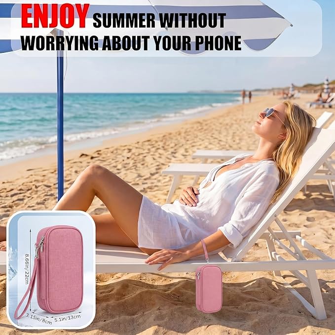 Phone Cooler Bag for Beach, Portable Phone Cooling Pouch with 2 Reusable Ice Packs, Keeps Cool in Extreme Heat for Car Pool Hiking, Extends Battery Life, Fits All Smartphones(Pink,Fabric)