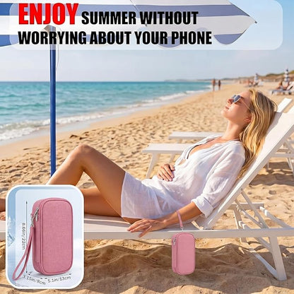 Phone Cooler Bag for Beach, Portable Phone Cooling Pouch with 2 Reusable Ice Packs, Keeps Cool in Extreme Heat for Car Pool Hiking, Extends Battery Life, Fits All Smartphones(Pink,Fabric)
