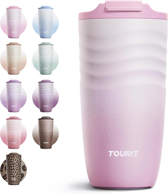 TOURIT 16 oz Travel Coffee Mug, Vacuum Insulated Stainless Steel Tumbler with Ripple-Wave Anti-Slip Grip, Built-in Silicone Bottom for Quiet & Stable, Leak-Proof Lid, Fits Car Cup Holder, Pink