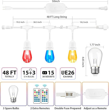 Mlambert 48FT Outdoor Patio Lights, 6 Lighting Modes RGB Cafe String Lights with 15 Dimmable LED Shatterproof Bulbs for Deck Porch Gazebo-White 1 Pack