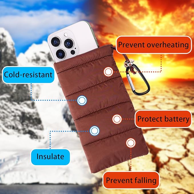 Lyreh Thermal Phone Pouch, Down Cotton Warm Phone Case Cover Bags Prevents Freezing & Overheating Protector Cellphone Pouch with Carabiner Ideal for Outdoor Camping Hiking Skiing (Brown)