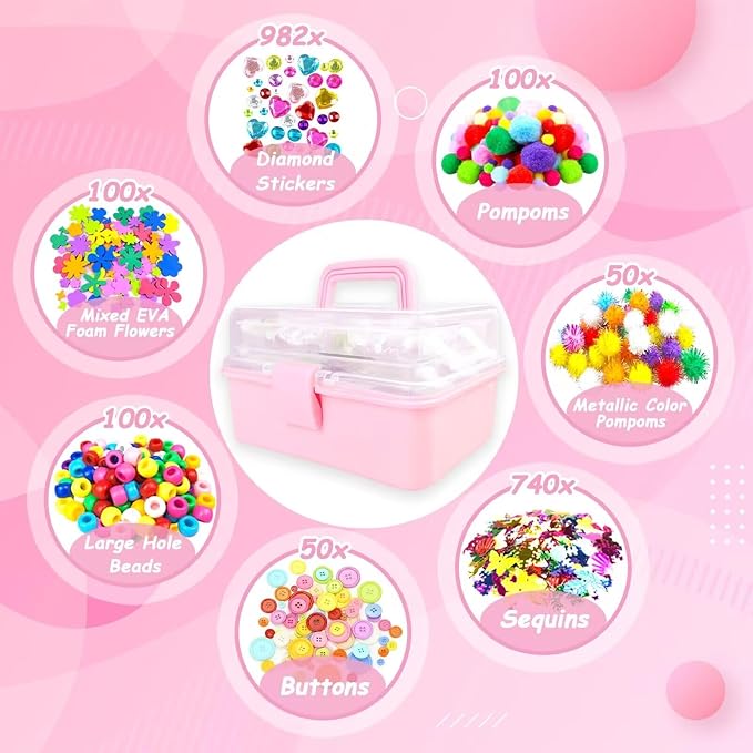 3000 Arts and Crafts Supplies for Kids Craft Kit All in 3 Layered Craft Box with Pipe Cleaners Crafts for Kids Age 4-6, 6-8, 8-12 DIY School Supplies Materials Set Toys Gifts for Girls Boys, Pink