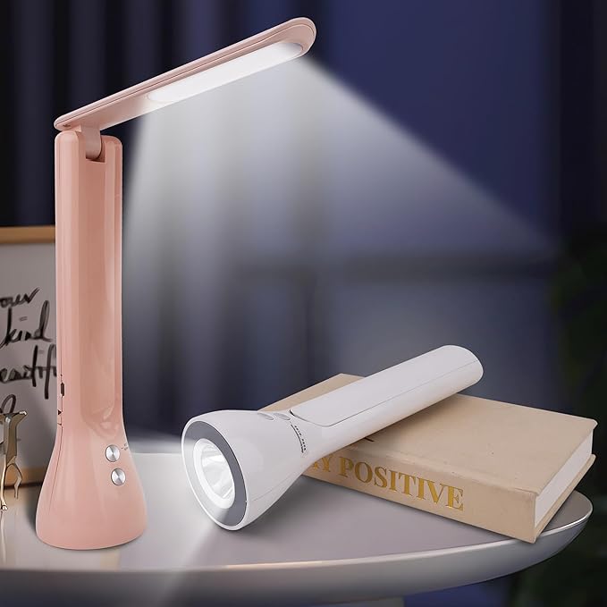 2-in-1 LED Desk Lamp Base with Flashlight for Home Office, Rechargeable, 3 Lighting Modes, Foldable & Portable Light, Cordless Table Bedside lamps, White