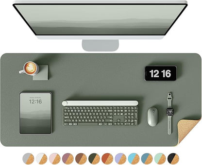 YSAGi Double-Sided Desk Pad, 31.5"x15.7"Leather Desk Mat, Eco Cork Desk Pad Protector,Large Mouse Pad,Waterproof Desk Blotter for Office/Home(Jungle Green)