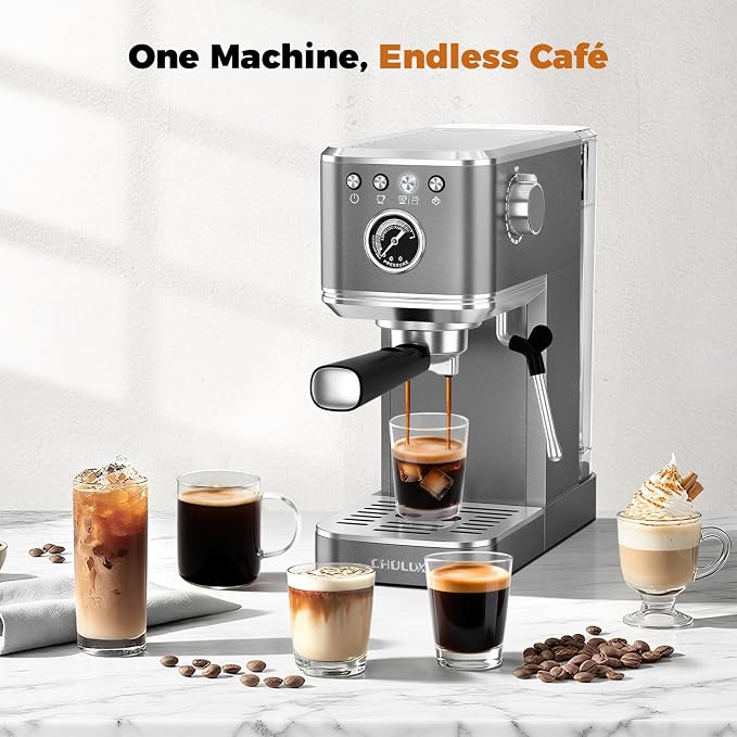 CHULUX Elite Espresso Coffee Machine with Steam Wand for Cappuccino, Gray | Hot and Iced Espresso, 1350W Fast Heating System, Visible Pressure Gauge, PID Temperature Control, Pre-Infusion Technology