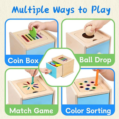 Montessori Toys for 1 2 3 Year Old, 4-in-1 Wooden Montessori Coin Box, Object Permanence Ball Drop Learning Color Sorting Toys for Toddlers 1-3, Gifts for 18 Months Baby Boys Girls