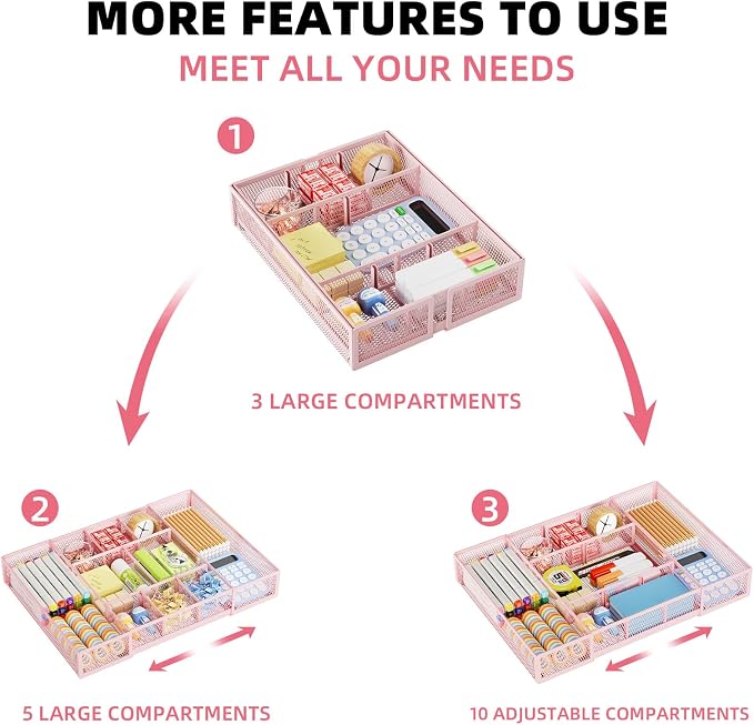 Marbrasse Expandable Desk Drawer Organizer, Mesh Tray with 10 Adjustable Compartments, Desk Organizers for Office Supplies, Makeup & Vanity (Expandable-Pink)