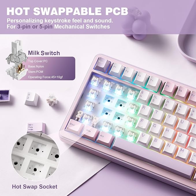 YUNZII B75 PRO 75% Wireless Mechanical Keyboard (Purple, Milk Switch) | Hot Swap Keyboard with Knob, Gasket Mount, Creamy Pre-lubed Switch for Smooth Typing, BT/USB-C/2.4G, for Gaming