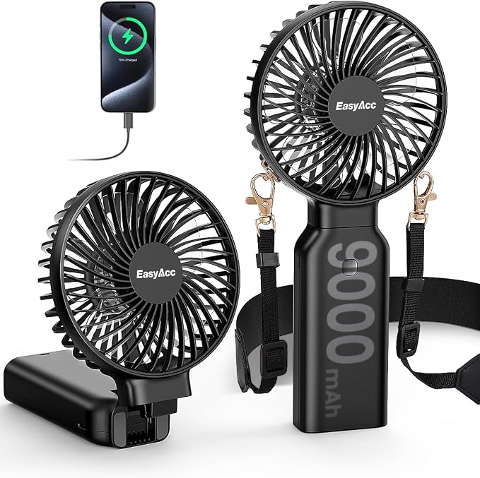 EasyAcc Portable Handheld Fan, 9000mAh + 53H Cooling Time+ ODM Durrable + with Hands-Free Camera Strap + Backup Power + 4 Speeds, Rechargeable Handheld Fan for Travel Outdoor