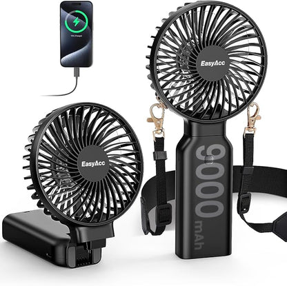 EasyAcc Portable Handheld Fan, 9000mAh + 53H Cooling Time+ ODM Durrable + with Hands-Free Camera Strap + Backup Power + 4 Speeds, Rechargeable Handheld Fan for Travel Outdoor