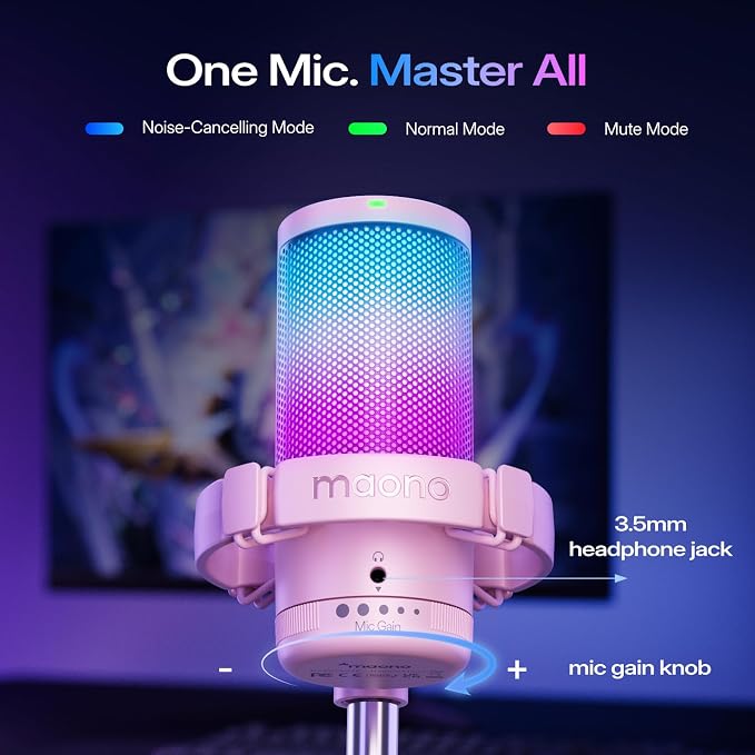 MAONO DGM20S USB Microphone for PC with Clear Voice & Noise Reduction | RGB Lighting, Tap-to-Mute, Gain Control, Monitoring and Boom Arm for Discord Gaming, Streaming, Content Creation.Pink