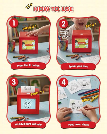 Smart AI Voice Sticker Printer Cube, Magic Thermal Sticker Maker with Display, Inkless Portable Sticker Cube for Home, Office, Study & DIY Projects, 5 Rolls Paper Included