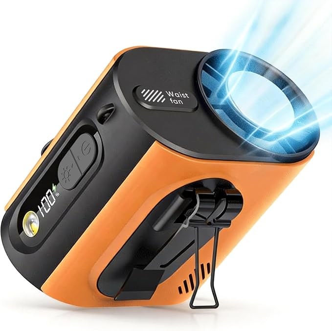 Portable Wearable Waist Iec Fan,with Semiconductor Ice Cooler,10000mAh Rechargeable Clip On Belt Cooling Fan, 100-Speed/16000RPM Personal Body Fans,25H Work Time for Camping, Outdoor, Jobsite（Orange）