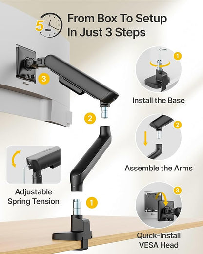 monTEK Single Monitor Arm, Mechanical Spring Monitor Arm for 17-40" Ultrawide Screens, Adjustable Monitor Desk Mount Holds up to 26.4 lbs with C Clamp/Grommet Desk Mount, VESA 75/100mm