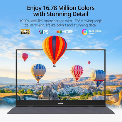 MNN 15.6" FHD 60Hz Portable Monitor USB-C HDMI IPS HDR Gaming Laptop | 15.6" FHD IPS HDR, 0.76cm/694g, USB-C one-cable, PC/Mac/Phone/Switch, speakers+stand, L/P, low blue, work&game