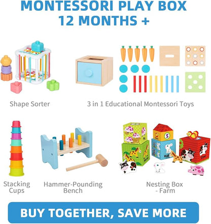 OOOK Montessori Toys for 1 Year Old, 7 in 1 Learning Educational Kit with Sensory Bin,Nesting Box, 3 in 1 Educational Box,Pounding Bench and Baby Stacking Cups