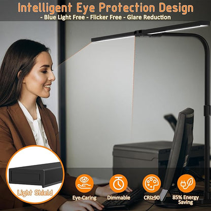 LED Desk Lamp for Home Office- 24W Double Head Desk Light with clamp, 5 Lighting Modes, 11 Brightness Levels, Adjustable Gooseneck Lamp with Timer- Black