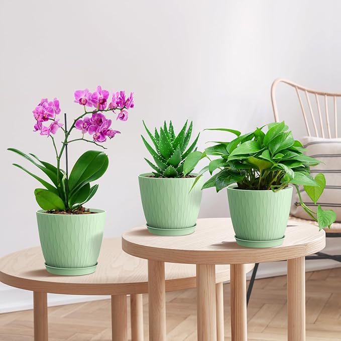 6 inch Plant Pots, 5 Pack Flower Pots with Drainage Holes and Saucers for Indoor Plants, Plastic Planters with Water Ripple for Small Garden House Plants, Nursery Pots for Succulent, Green