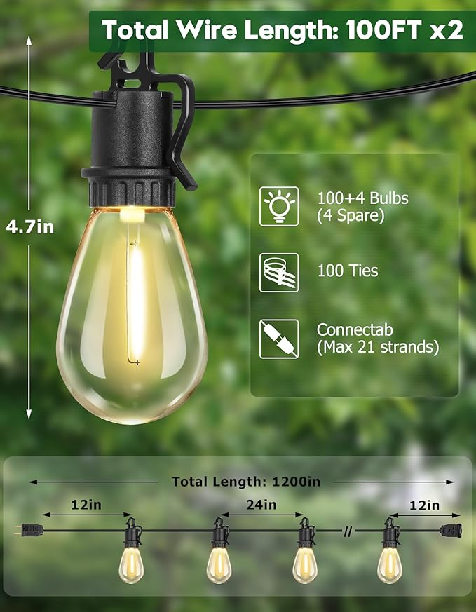 200FT Outdoor String Lights with 104 Shatterproof S14 Vintage Edison Bulbs E12 Sockets,2700K Dimmable Outdoor Lights,IP55 Waterproof LED String Lights for Outside, Patio, Garden, Backyard,Bistro