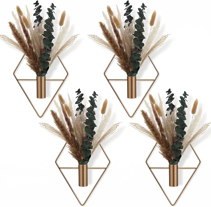 Jexine 8 Pcs Hanging Planters with Artificial Pampas Metal Hanging Vase Indoor Plants Holder Modern Geometric Boho Bathroom Wall Decor for Living Room Home Office(Antique Copper)