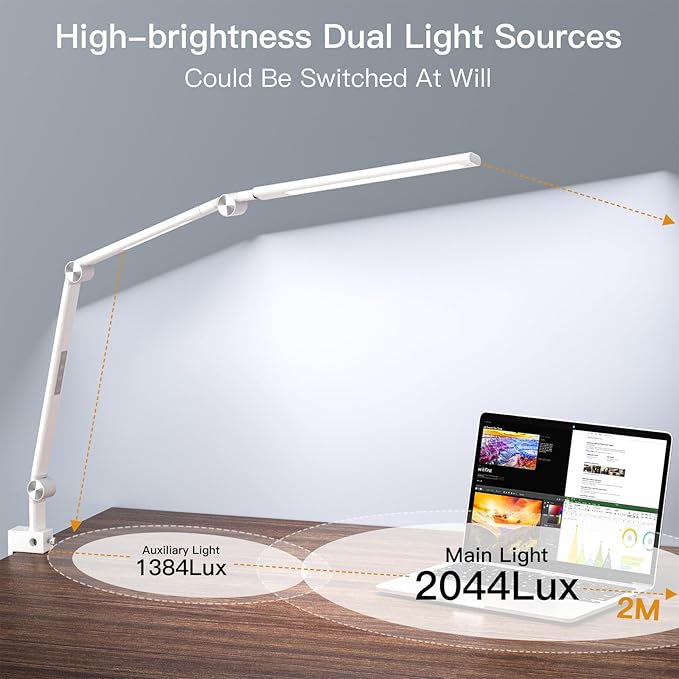 LED Desk Lamp, Desk Light for Home Office, Dual Light Source, Eye-Caring Optical Lens, 5 Color Modes & Brightness, Office Lamp, Clamp Lamp with Timer/Memory Function, 18W Nail Light