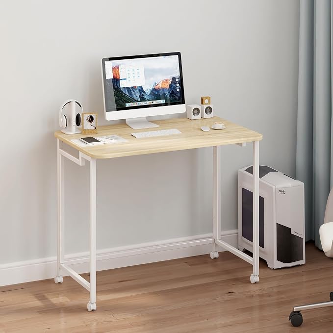 JSB Folding Desk for Small Spaces,Mobile Portable Rolling Laptop PC Table on Wheels,Foldable Computer Desk for Home Office,Bedroom,Dorm,Space Saving (Natural & White, 31.5")