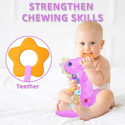 Baby Dino Musical Stuffed Animal Toys for 0-3-6-9-12 Months，Infant Dinosaur Tummy Time Toys with Crinkle Sound Paper,Teether，Textures & Rattles for Newborn Boys Girls Birthday Gifts，Purple