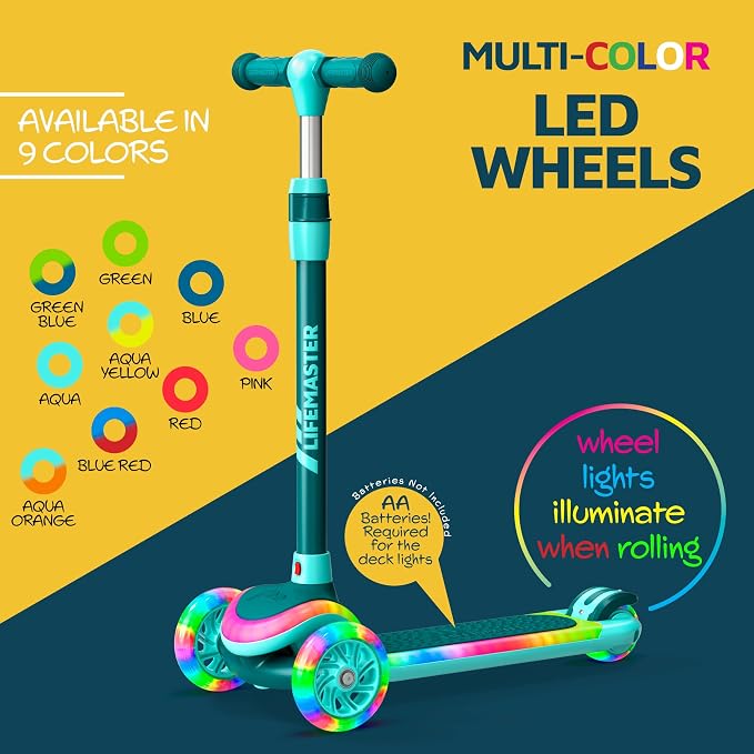 3-Wheel Kids Scooter with Multi-Color Lights on Deck & Wheels – 5-Height Adjustable Handlebar, Wide Anti-Slip Deck, Child Safety Certified, Boys & Girls Ages 3+ Supports Up to 150 lbs