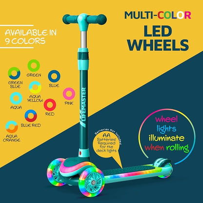 3-Wheel Kids Scooter with Multi-Color Lights on Deck & Wheels – 5-Height Adjustable Handlebar, Wide Anti-Slip Deck, Child Safety Certified, Boys & Girls Ages 3+ Supports Up to 150 lbs