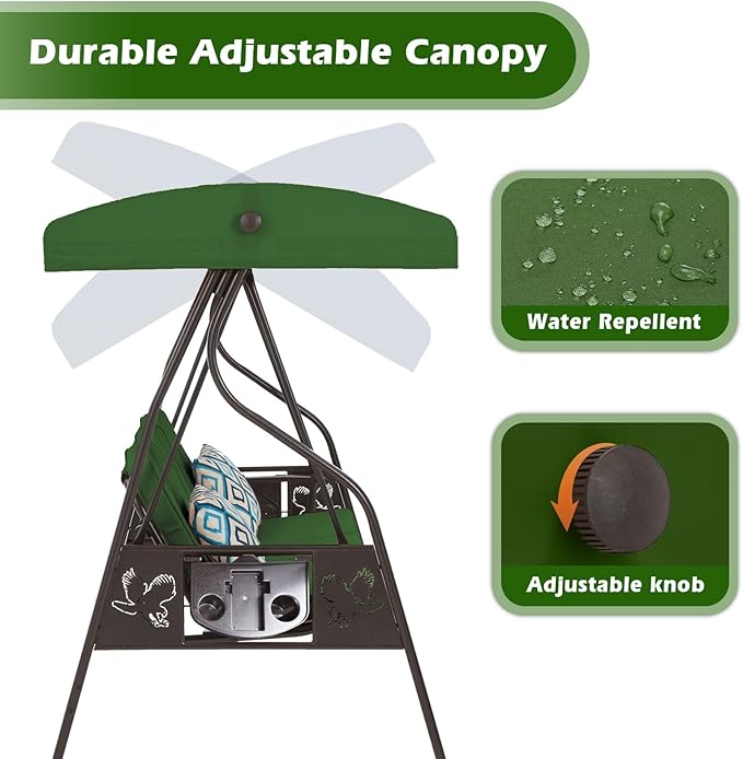 3-Seat Outdoor Porch Swing with Stand Patio Swing with Canopy 2 in 1 Porch Swing Bed & Patio Swing Chair for Adult w/Extra Pillows and Cup Holder for Yard(Green)