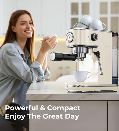 atatix 20 Bar Espresso Machine with Milk Frother, Compact Espresso Maker | Stainless Steel Coffee Machine with Precise Temp Control & 44oz Removable Water Tank for Latte, Cappuccino, Creamy White