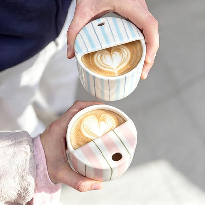 2 Pack Ceramic Mug with Sip Hole 10 oz Stripes Pattern Espresso Cup Coffee Mug Hand Painted Ceramic Cup Pink and Blue Heat Resistant Non Slip with Built in One Lid Handcraft Gift