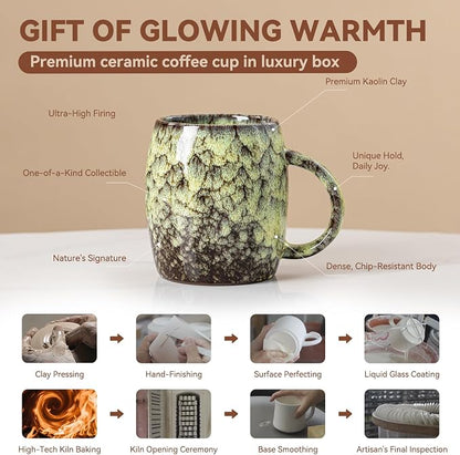 Amber Nebula Ceramic Coffee Mug - 14 oz Unique Reactive Glaze Coffee Cup with Large Handle, Barrel Cute Mug for Women Men Home Office Gift