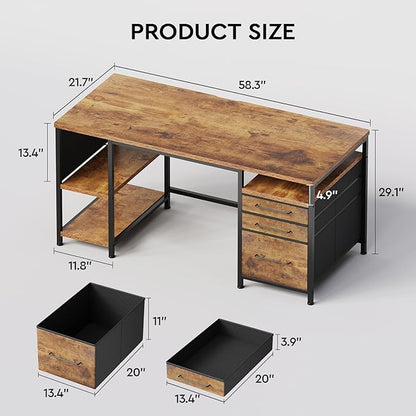 Maihail Small Desk with Drawers, Office Desk with Storage Shelves, Brown2 | 59 Inch Desktop, Metal Frame, 3 Fabric Drawers, Storage Shelves, Computer & Writing Desk, Office Gaming Workstation
