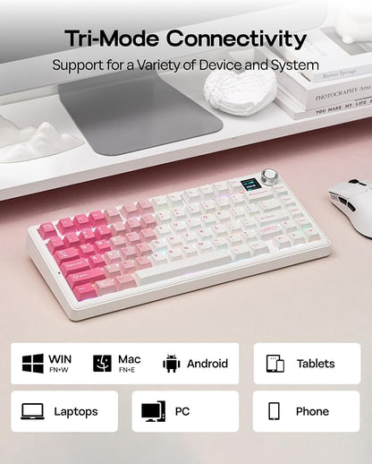 EPOMAKER X Aula F75 MAX Wireless Mechanical Keyboard with TFT Screen and Knob, Gasket Keyboard in 75% Layout, Hot Swappable Gaming Keyboard for PC/Mac/Linux (White Pink)