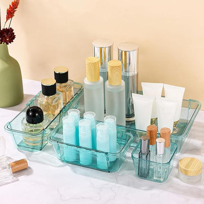 25 Pcs Clear Drawer Organizer, Adjustable Drawer Storage Box, 3-Size Desk Drawer Organizer, Acrylic Storage Bins for Makeup, Kitchen Utensils, Bedroom Dressers Tool Organizer for Gadgets, Blue